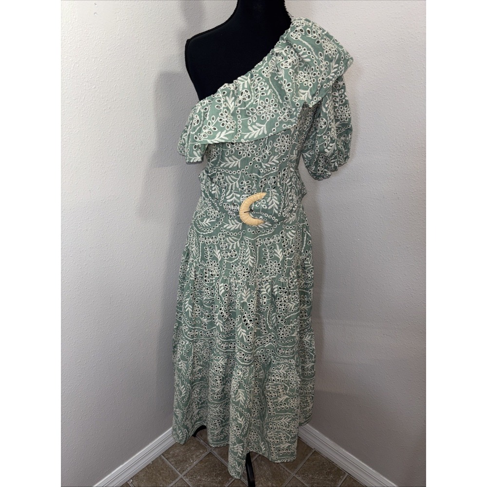 NWT ASOS Broderie One Shoulder Ruffle Belted Max Dress Women's 4 Sage Green Boho
